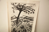 Close-up of a tear on a tree branch in the black and white Tom Cox lithograph.