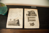 Aged 18th century engraving plate depicting mill construction plans and diagrams.