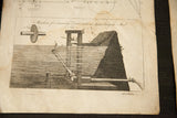 18th century engraving plate with machine diagram's water outlet, artist signature, and paper discoloration.