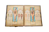 Vintage 1930s Bodyscope book displaying male and female cutaway anatomical charts and art deco details.