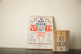 Vintage Art Deco ice cream paper ephemera set with red, blue, and beige colors.
