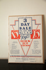 Vintage Art Deco Vogt's ice cream advertisement print, red and blue '3 Day Sale' text.
