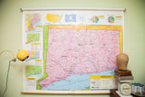 Vintage 1990s Markable Connecticut Pulldown Classroom Map, pink landmass, blue water, 54x66.