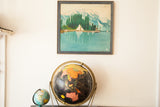 Vintage folk art oil painting, Lido Palace Hotel, Italy, circa 1930s, with teal water and green trees.