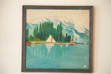 Vintage folk art painting of Lido Palace Hotel scene, showing paint chipping and aged frame.
