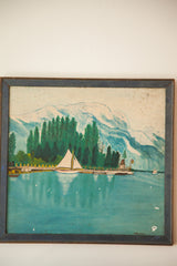 Folk art painting's lower right corner showing W. Richters signature and paint chipping.