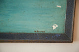 Vintage folk art painting corner with W. Richters signature and chipped turquoise paint.