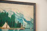 Upper right of vintage folk art painting with blue mountains and cracked frame.