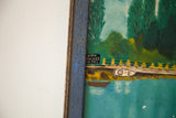 Lido Palace Hotel sign detail on vintage folk art painting with textured blue frame.