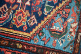 Detail of hand-knotted Persian Hamadan pile, vivid aqua blue spandrel with madder red.