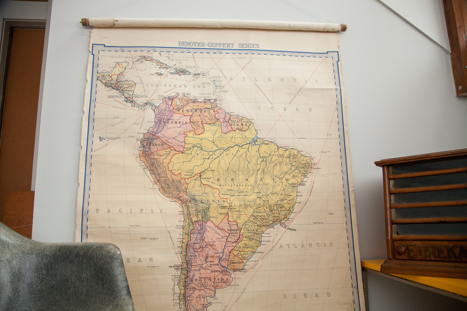 Vintage Denoyer Geppert 1919 South America Pull Down Map // ONH Item 1879 Image 1