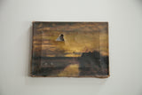 Antique oil painting of a dark moor at sunset, with visible tears on the weathered canvas.