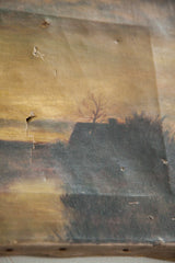 Close-up of the antique painting's weathered canvas, revealing storied rips and holes.