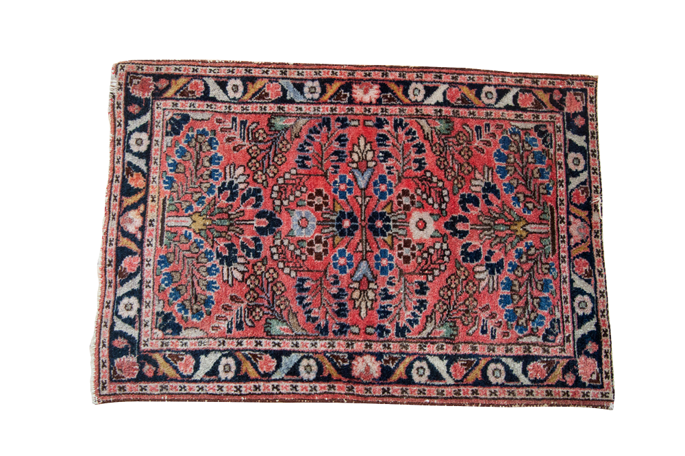 Vintage Persian Lilihan Mat, fine weave, coral, deep blue, classic Sarouk floral, 1'11" x 2'9".