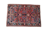 Vintage Persian Lilihan Mat, fine weave, coral, deep blue, classic Sarouk floral, 1'11