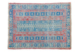 Distressed vintage Turkish Sparta rug with raspberry red and aqua blue geometric stripes, 3x4.