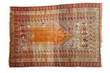 Decorative vintage distressed Turkish Kula prayer rug, burnt orange field, geometric motifs, 3'10