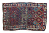 Antique Jaff Kurd rug, vibrant jewel-toned geometric pattern, distressed texture, 4'5