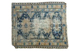 Antique distressed Caucasian Shirvan rug, geometric deep blue and beige patterns, 3'11