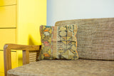 Handmade Caucasian Fragment Pillow, early 20th century geometric motif, orange, yellow, pink, blue.