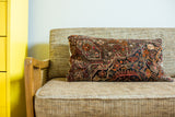 Vintage Sarouk style rug pillow, dark blue ground with intricate floral-geometric motifs, 12