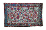 Vintage 1940s Hamadan runner, ivory field, vibrant floral and bird motifs, light blue border.
