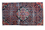 Vintage Dargezine rug fragment, expressive red, sky blue medallion, navy Herati field, 2'11