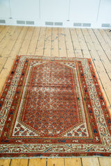 Detailed view of distressed rust field, allover pattern, and ivory borders on antique Serbend rug.