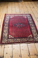 Geometric tendrils on ivory border and cherry pomegranate red field with fringe.