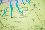 Vintage New York map's pastel yellow-green Finger Lakes region with blue water and drawing vignettes.