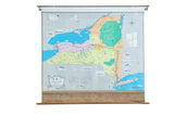 Vintage New York State pull down map with pastel colors, drawing vignettes, 53x47 inches.