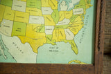 Antique folk art map showing light green and yellow eastern US states, Gulf of Mexico, wood frame.