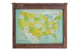 Antique folk art United States map painting on tin with wood frame.