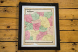 Late 19th century antique Bedford NY map in black frame, pink, yellow, green.