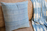 Handmade Indigo Throw Pillow with subtle thin white stripes and visible handwoven texture.