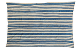 Vintage hand woven indigo textile with varied blue and natural cream stripes.