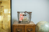 Mid Century Gym Locker Wire Basket with rustic patina, original metal tag, and hook.