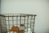 Textured, rusted wire grid and original metal tag on the vintage locker basket.