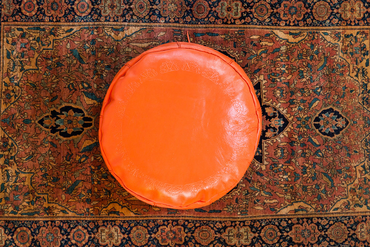 Antique Revival Leather Moroccan Pouf Ottoman - Tangerine Orange // ONH Item 1994-1A
