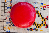 Cherry red Antique Revival Moroccan leather pouf ottoman, subtle fleur de lis stenciling, 28 inch.