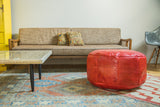 Antique Revival Cranberry Red leather Moroccan Pouf Ottoman with stenciled details, 16x28.