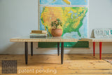Handmade Mod Square Tables showing both dark and red reclaimed mid-century leg options.