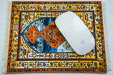 Antique Heriz Persian rug design mouse pad in blue, rust, yellow with abrash geometric pattern.