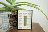 Vintage near vision exam plaque with small print, red and green test fields, and 1935 copyright.