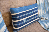 Handwoven Striped Indigo Lumbar Pillow, variegated blue and off-white textile, 12x20.