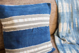 Indigo Mudcloth Throw Pillow with textured blue, gray, and white thick stripes.