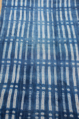 Hand-dyed white patterns of dots and chevrons on deep indigo African collectible textile.