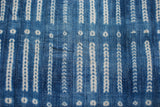 Intricate hand-dyed white patterns on richly textured vintage indigo blue cotton.
