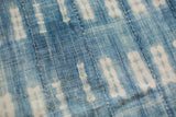 Hand woven indigo throw featuring varied blue batik patterns and vertical stitched seams.
