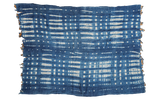 Vintage indigo throw with hand-dyed off-white dot and dash patterns, raw edges.